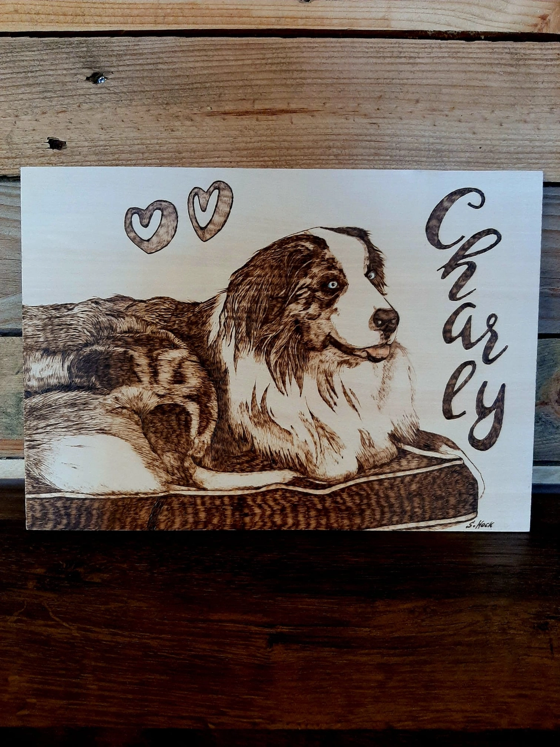 NaturTeller – vegane Ernährungsberatung - Eine rechteckige Holzplakette mit einem detaillierten Brandmalerei-Porträt eines langhaarigen Hundes, möglicherweise eines Australian Shepherds oder Border Collies. Der Name „Charly“ ist rechts in einer dekorativen Schriftart eingebrannt und mit zwei kleinen Herzen verziert.